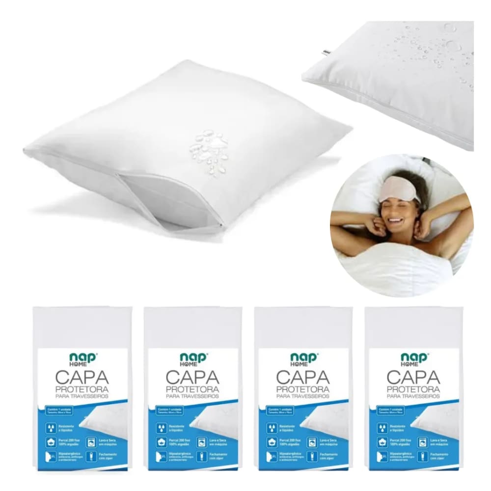 Kit 4 Capas Fronha Protetoras de Travesseiro 200 Fios 100% Algodão Hipoalérgico Com Zíper 50x70