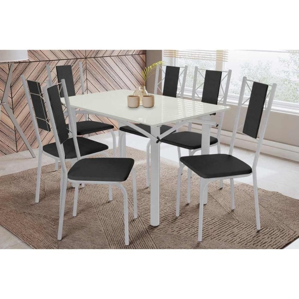 Conjunto: Mesa de Cozinha Elba Tampo Madeirado c/ Vidro 120cm e 6 Cadeiras Lisboa Cromada/Off White - Courano Preto - Kappesberg