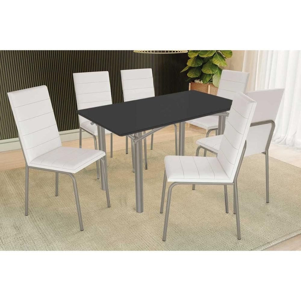 Conjunto: Mesa Sala Jantar Elba Tampo Madeirado c/ Vidro 160cm e 6 Cadeiras Amsterdã Niquel/Preto - Courano Branco - Kappesberg