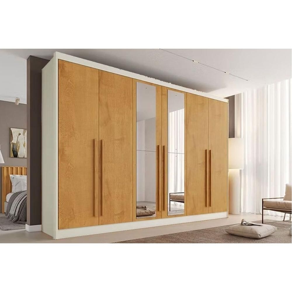 Guarda Roupa 6 Portas (2 c/ Espelho) e 4 Gavetas Alba Plus Off White/Peroba - Europa