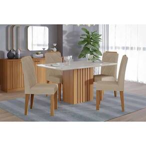 Conjunto: Mesa de Cozinha Ana Tampo Madeirado c/ Vidro 130x80cm e 4 Cadeiras Fernanda Cinamomo/Off White - Carvalho/Suede Nude Bege - Cimol