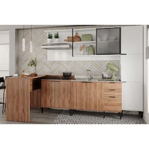 Cozinha Modulada Completa Alpha 5 Peças (1Aéreo+2Balcões+1Paneleiro+1Ilha) C5P133 Freijo/Branco - Carraro