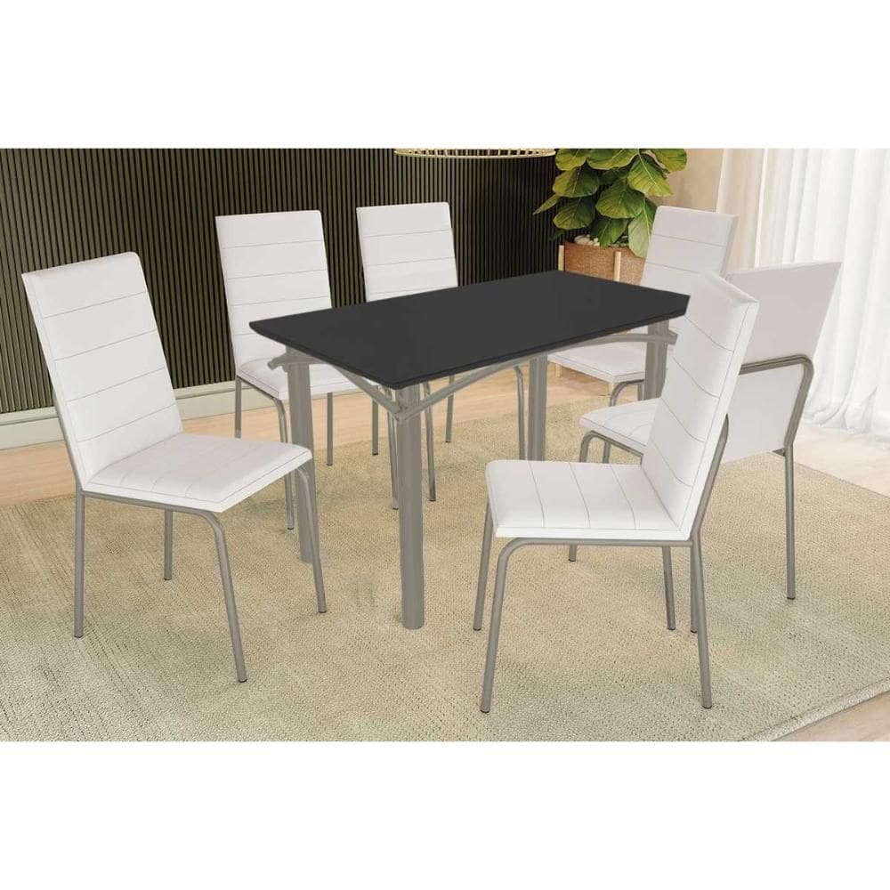 Conjunto: Mesa de Cozinha Elba Tampo Madeirado c/ Vidro 120cm e 6 Cadeiras Amsterdã Niquel/Preto - Courano Branco - Kappesberg