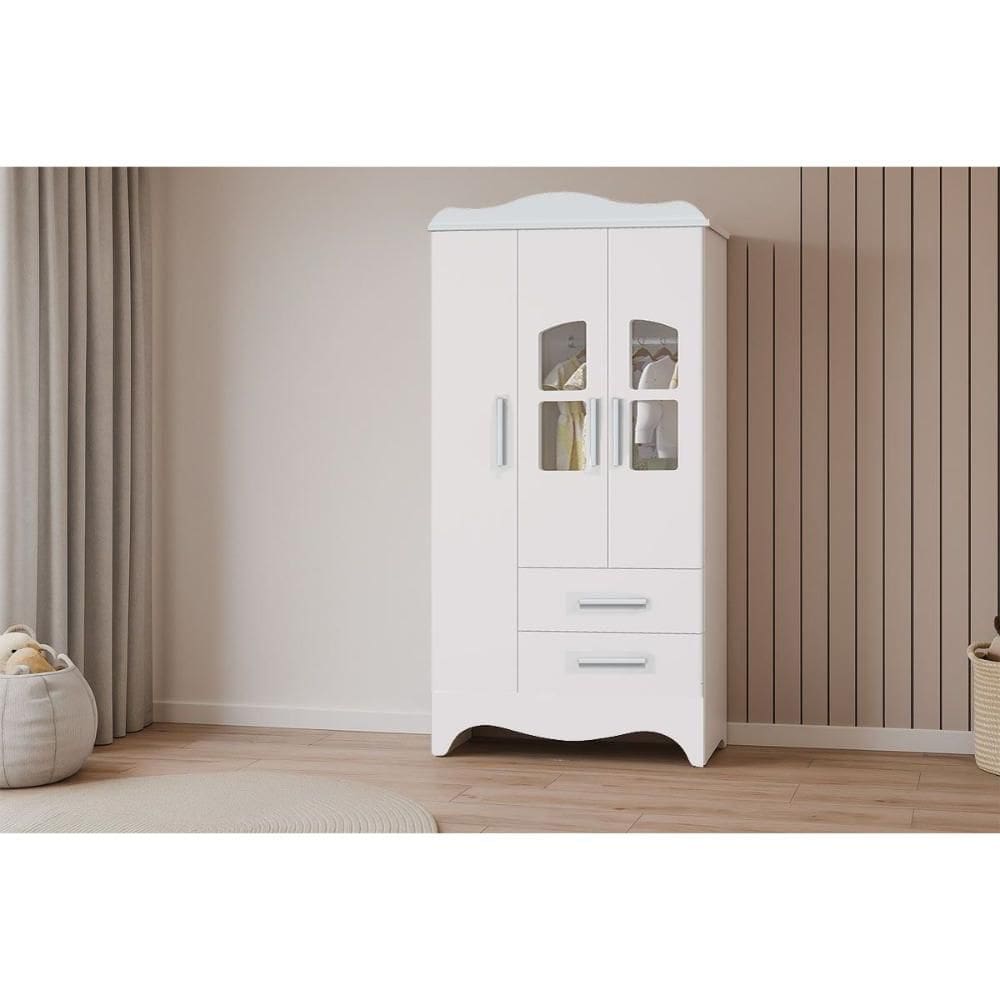 Guarda Roupa 3 Portas c/ (2 Cristal) e 2 Gavetas Lisi Branco - Peroba
