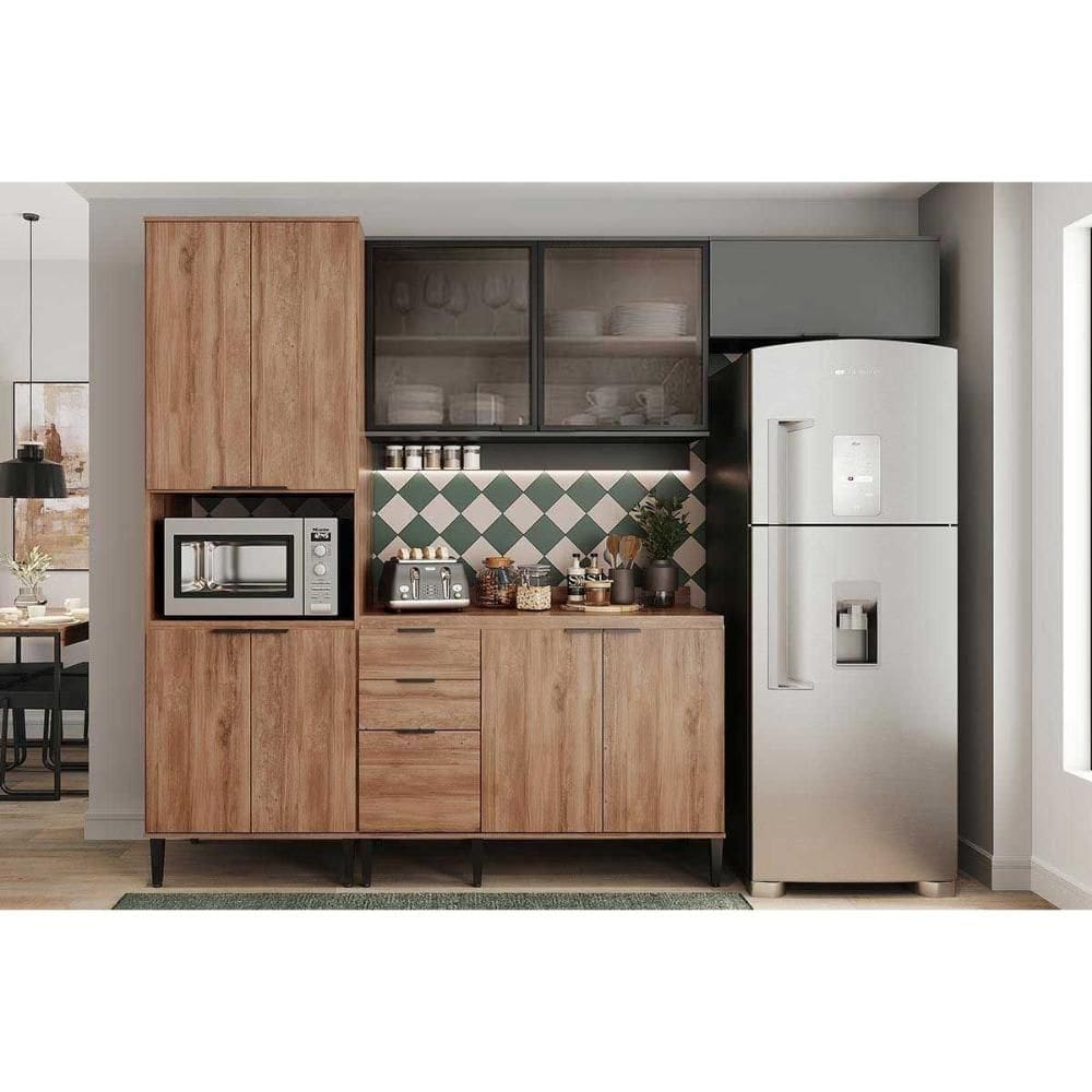 Kit Cozinha Modulada 4 Peças Alpha (2Aéreos+1Balcão+1TorreQuente) C4P203 Freijo/Cinza - Carraro