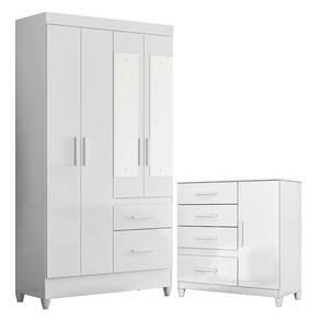 Guarda Roupa Solteiro Madri com espelho e Cômoda Vênus com pés Branco Flex – Moval