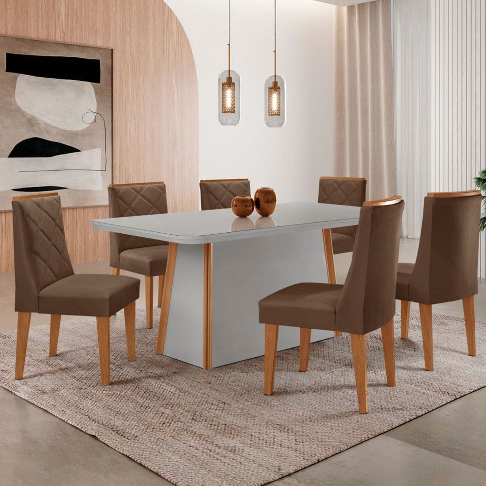 Mesa de Jantar Diane 180cm Tampo MDF Vidro com 6 Cadeiras Isadora Moderna Mobília