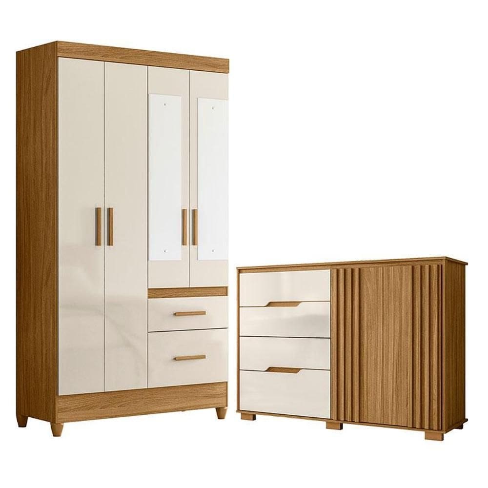 Guarda Roupa Solteiro Madri com espelho e Cômoda Texas Freijó Off White – Moval