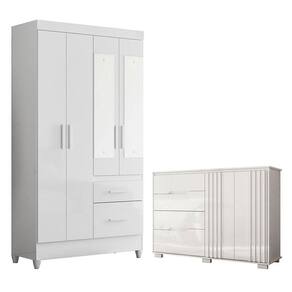 Guarda Roupa Solteiro Madri com espelho e Cômoda Texas Branco Brilho – Moval