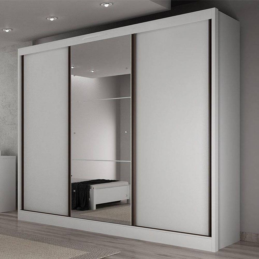 Guarda Roupa Casal Ambiente Sonetto 3 Portas 4 Gavetas Neve com Espelho – Novo Horizonte