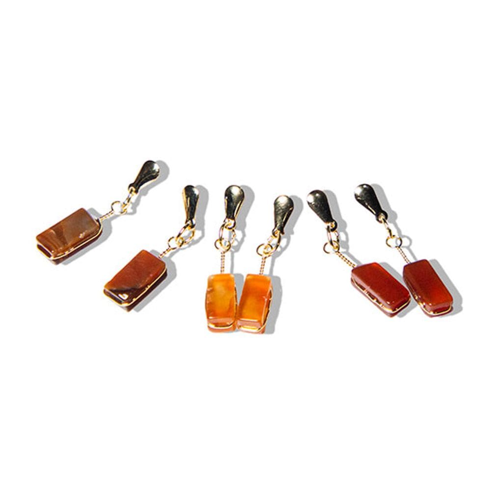 05 Brinco Pedra Ágata Cornalina Retângulo Ranhurado Dourado