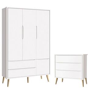 Cômoda Gaveteiro Infantil E Guarda Roupa 3 Portas Theo Branco Acetinado Pés Madeira Natural ? Reller