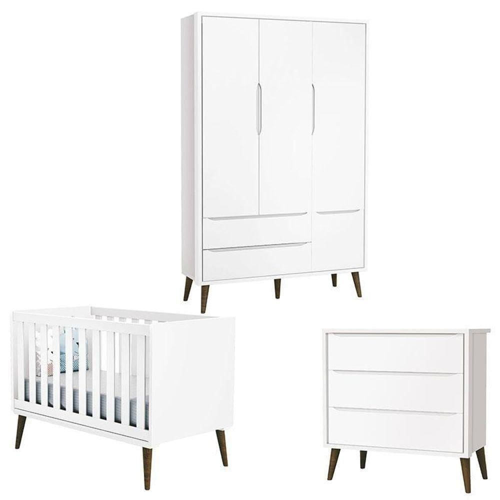 Quarto De Bebê Theo 3 Portas Branco Acetinado Com Pés Amadeirado - Reller