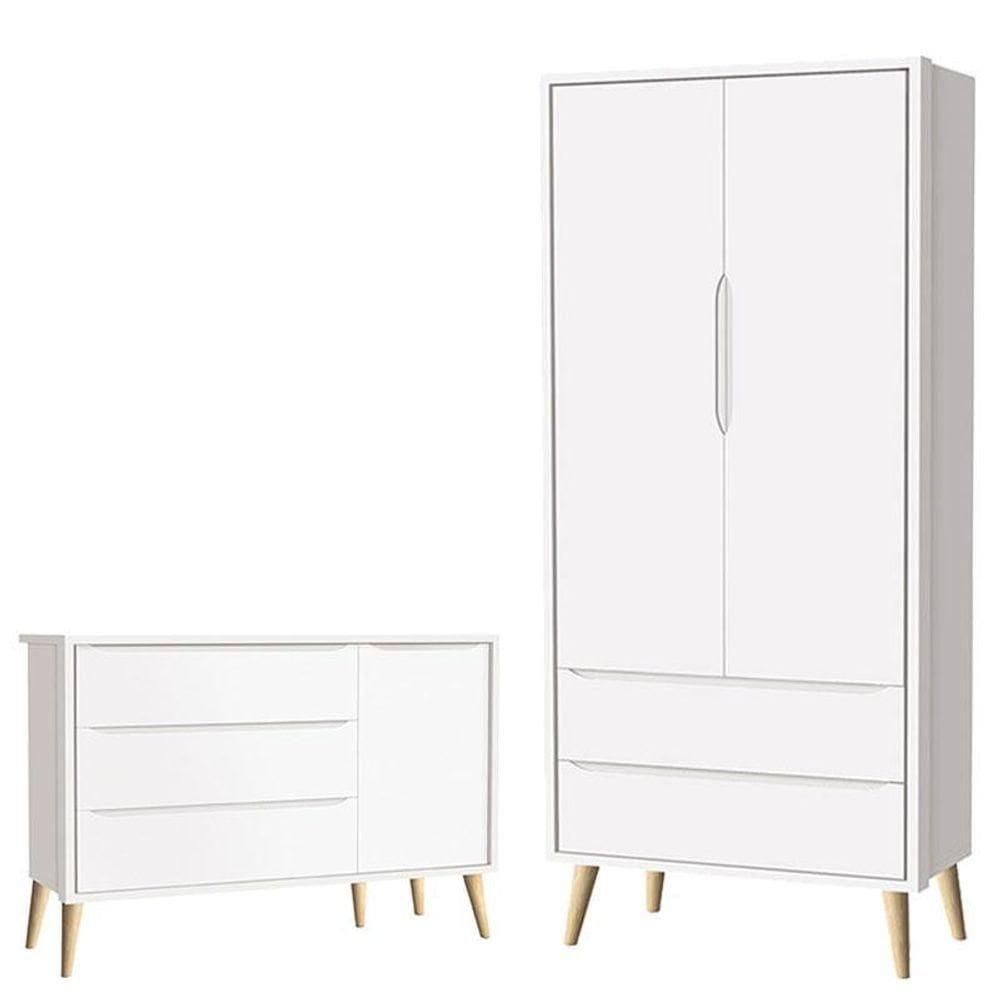 Cômoda Infantil Com Porta E Guarda Roupa 2 Portas Theo Branco Acetinado Pés Madeira Natural ? Reller