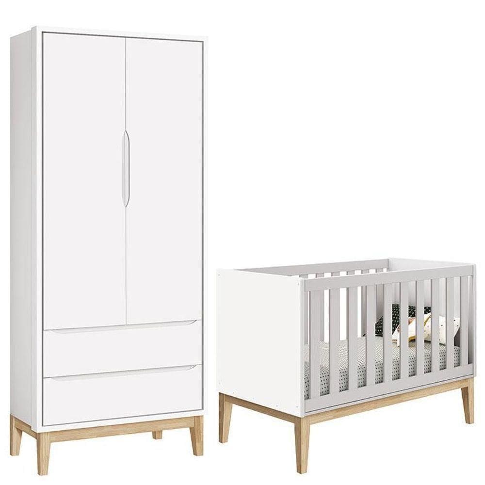 Berço Americano E Guarda Roupa Classic 2 Portas Branco Com Pés Madeira Natural ? Reller