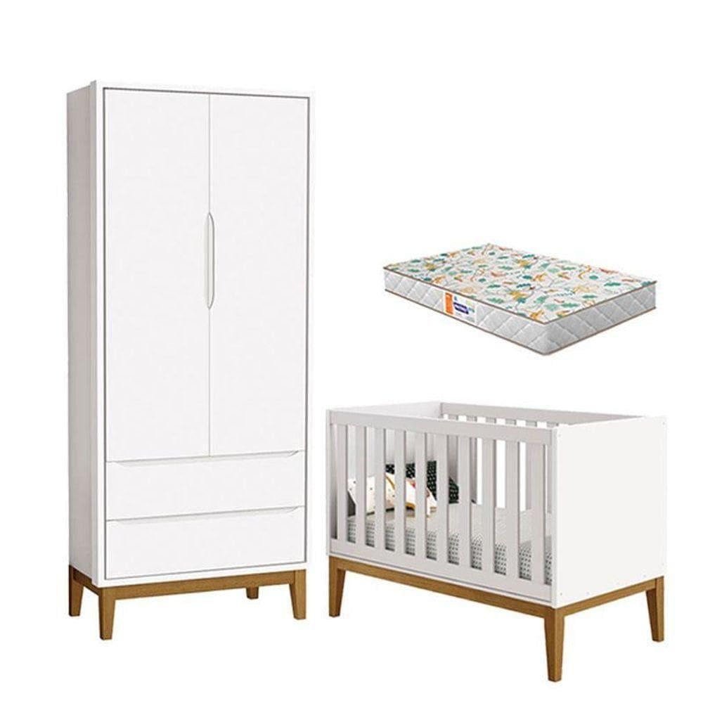 Berço Americano E Guarda Roupa 2 Portas New Classic Branco Com Pés Madeira E Colchão Gazin ? Reller