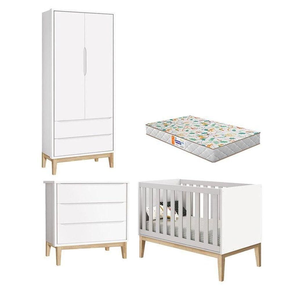 Quarto De Bebê 2 Portas E Cômoda Gaveteiro New Classic Branco Com Pés Madeira Natural E Colchão Gazin ? Reller