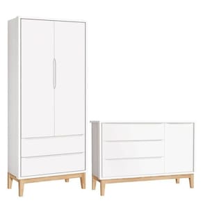 Cômoda Com Porta E Guarda Roupa Infantil 2 Portas New Classic Branco Com Pés Madeira Natural ? Reller