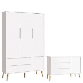 Cômoda Infantil Com Porta E Guarda Roupa 3 Portas Theo Branco Acetinado Pés Madeira Natural ? Reller