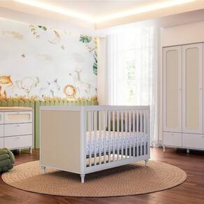 Quarto Bebê Completo Berço Cômoda Guarda Roupa Fofura Rattan Branco