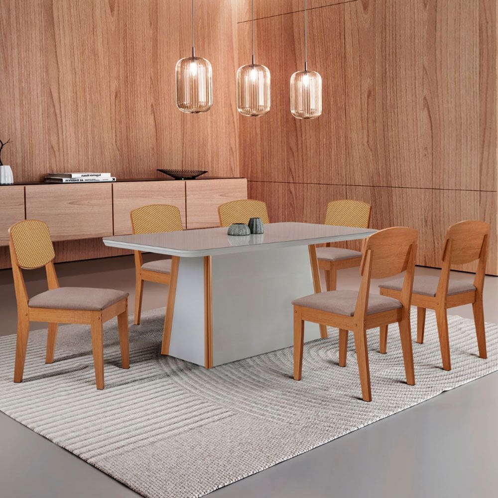 Mesa de Jantar Diane 180cm Tampo MDF Vidro com 6 Cadeiras Copper Premium Moderna Mobília