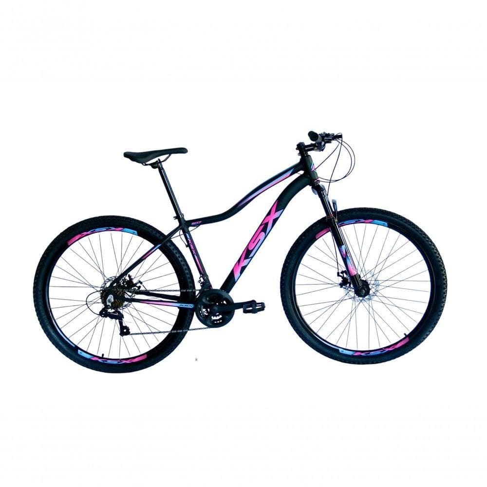 Bicicleta Aro 29 Ksx Sd7 Feminina 21v Cabos Internos Alumínio Freios A Disco Garfo Suspensão Preto Pink Azul Tamanho 17