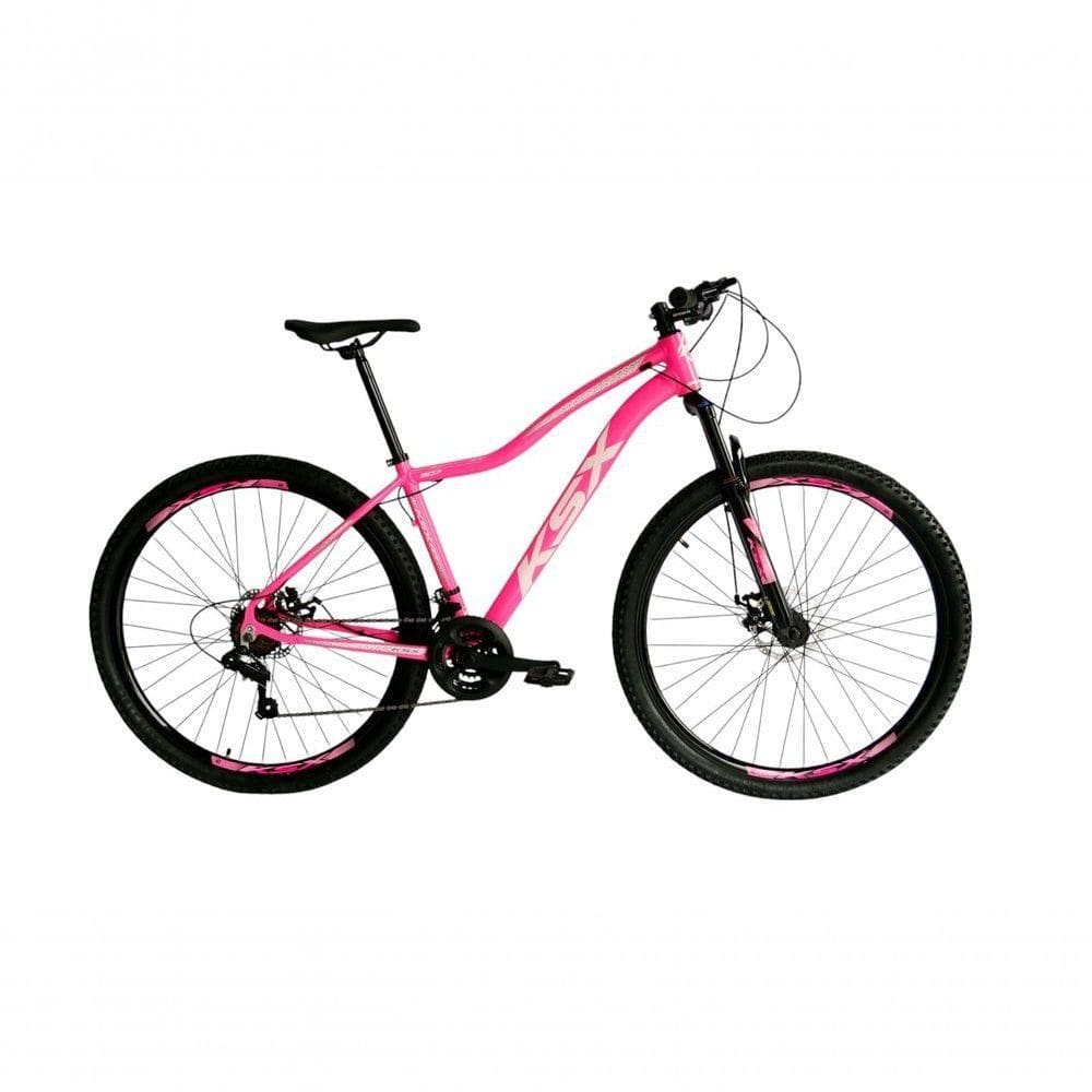 Bicicleta Aro 29 Ksx Sd7 Feminina 21v Cabos Internos Alumínio Freios A Disco Garfo Suspensão Rosa Branco Tamanho 17