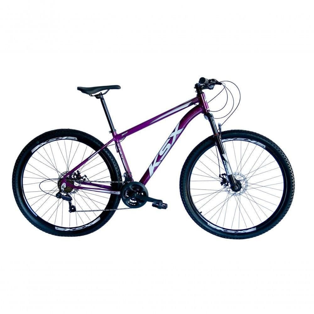 Bicicleta Aro 29 Ksx Sd7 21v Cabos Internos Alumínio Freios A Disco Garfo Suspensão Roxo Branco Tamanho 21