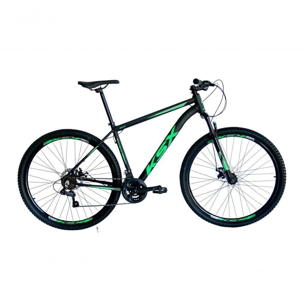 Bicicleta Aro 29 Ksx Sd7 21v Cabos Internos Alumínio Freios A Disco Garfo Suspensão Preto Verde Tamanho 21