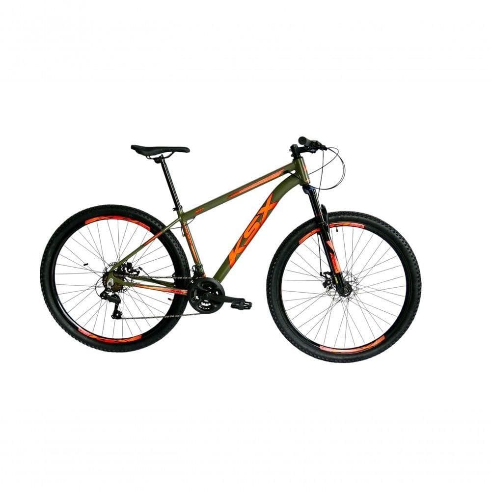 Bicicleta Aro 29 Ksx Sd7 21v Cabos Internos Alumínio Freios A Disco Garfo Suspensão Verde Militar Laranja Tamanho 21