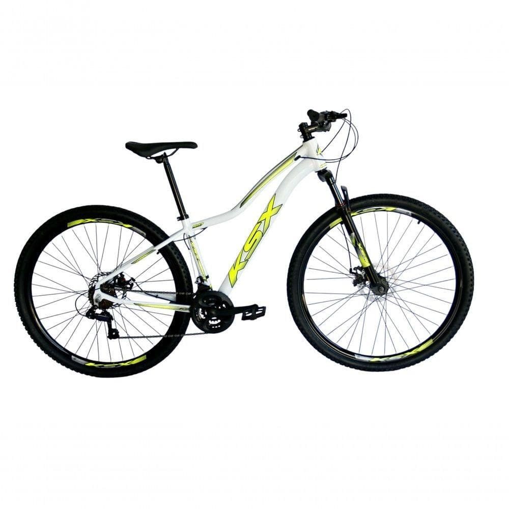 Bicicleta Aro 29 Ksx Sd7 Feminina 21v Cabos Internos Alumínio Freios A Disco Garfo Suspensão Branco Amarelo Tamanho 17