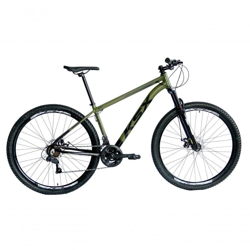 Bicicleta Aro 29 Ksx Sd7 21v Cabos Internos Alumínio Freios A Disco Garfo Suspensão Preto Verde Militar Tamanho 21