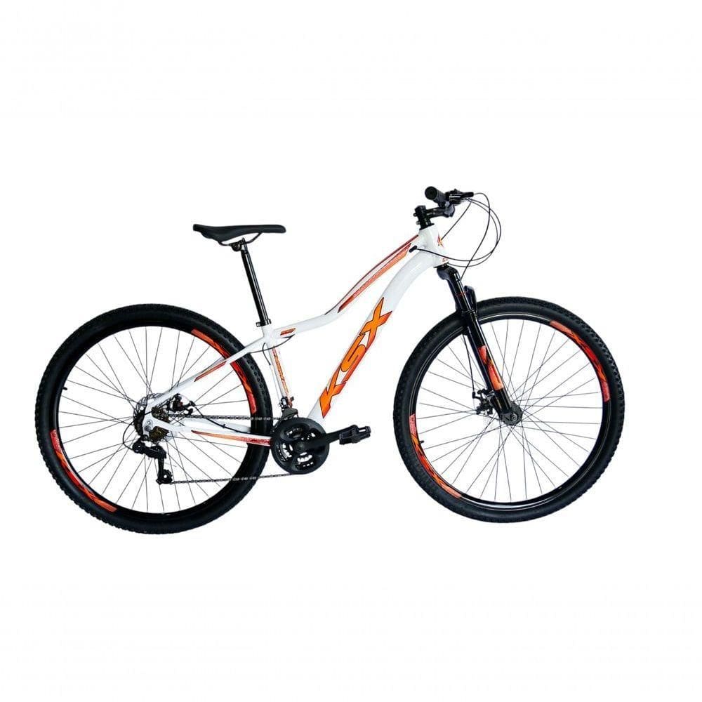 Bicicleta Aro 29 Ksx Sd7 Feminina 21v Cabos Internos Alumínio Freios A Disco Garfo Suspensão Branco Laranja Tamanho 17