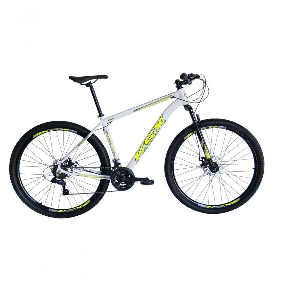 Bicicleta Aro 29 Ksx Sd7 21v Cabos Internos Alumínio Freios A Disco Garfo Suspensão Branco Amarelo Tamanho 21