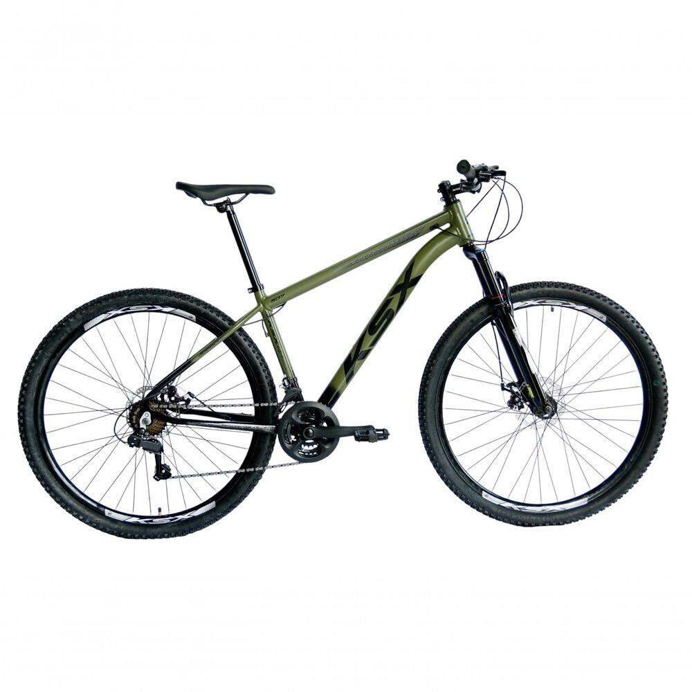 Bicicleta Aro 29 Ksx Sd7 21v Cabos Internos Alumínio Freios A Disco Garfo Suspensão Preto Verde Militar Tamanho 17