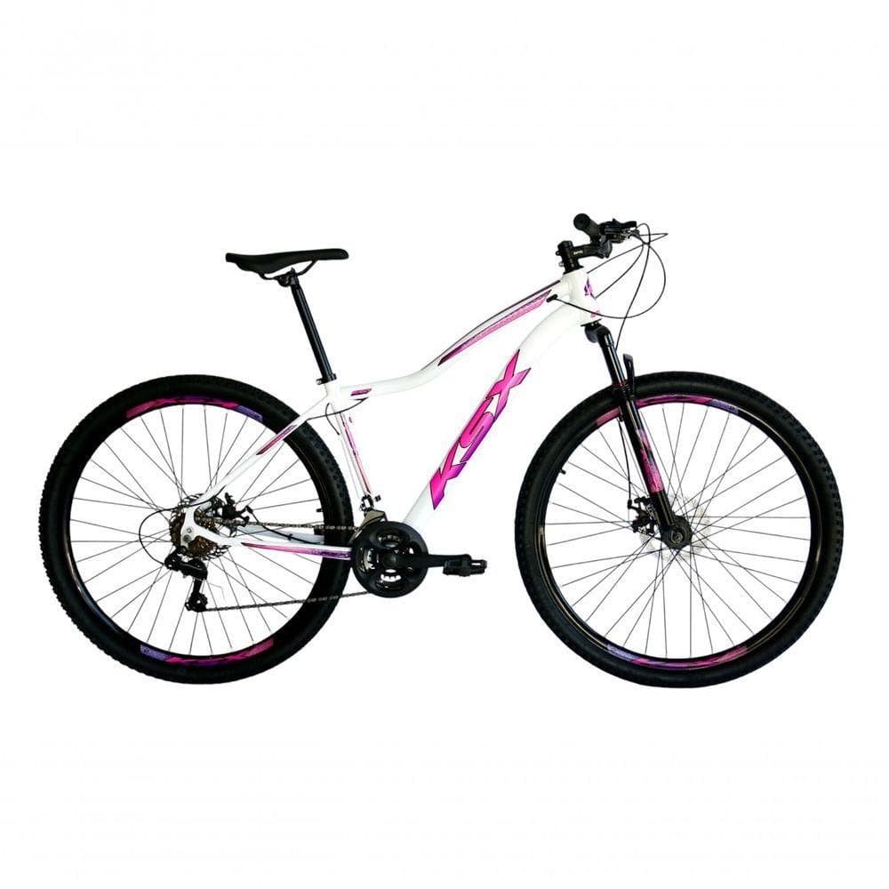 Bicicleta Aro 29 Ksx Sd7 Feminina 21v Cabos Internos Alumínio Freios A Disco Garfo Suspensão Branco Rosa Violeta Tamanho 15