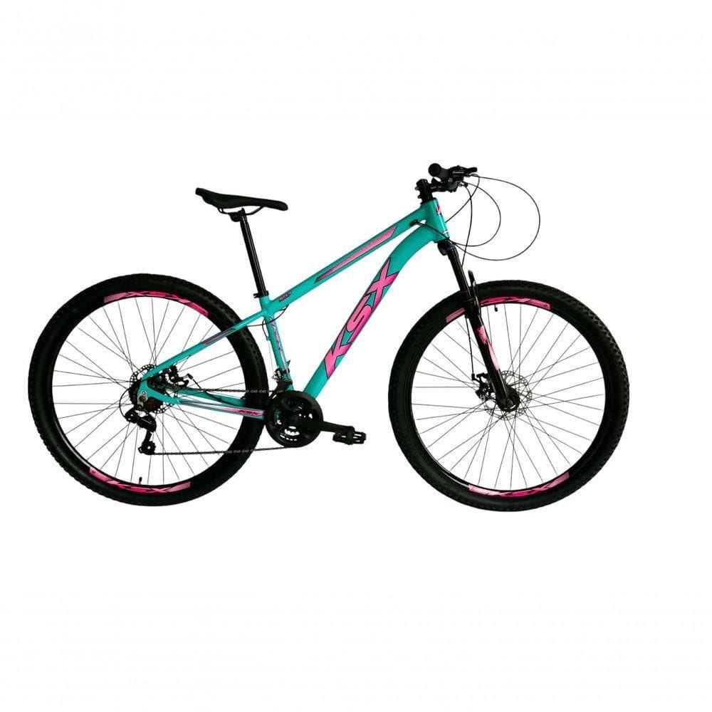 Bicicleta Aro 29 Ksx Sd7 21v Cabos Internos Alumínio Freios A Disco Garfo Suspensão Verde Tiffany Rosa Tamanho 17