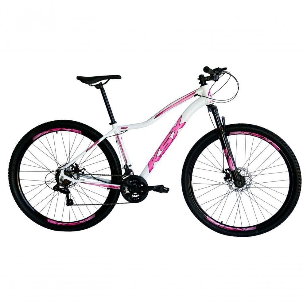 Bicicleta Aro 29 Ksx Sd7 Feminina 21v Cabos Internos Alumínio Freios A Disco Garfo Suspensão Branco Rosa Tamanho 15