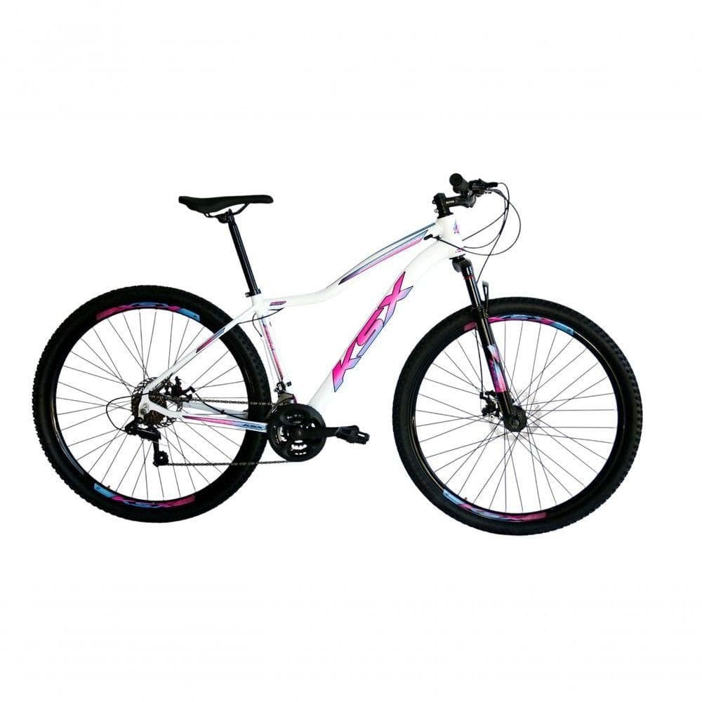 Bicicleta Aro 29 Ksx Sd7 Feminina 21v Cabos Internos Alumínio Freios A Disco Garfo Suspensão Branco Pink Azul Tamanho 17