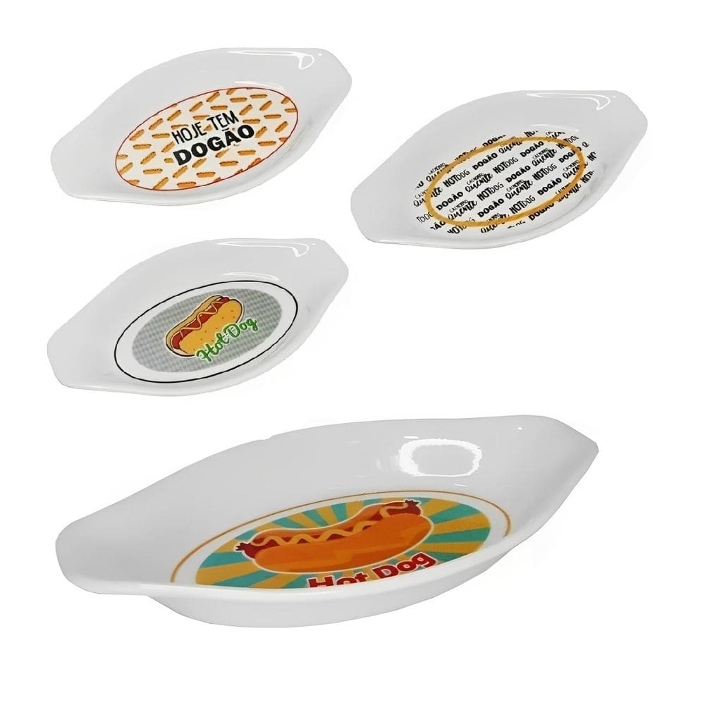 Kit 4 Pratos Em Melamina Para Cachorro Quente Hot Dog 21cm