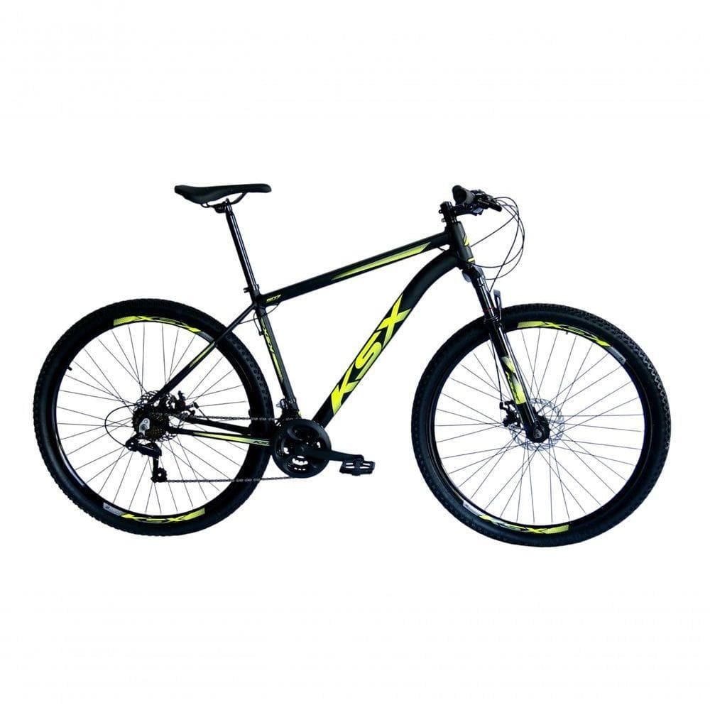 Bicicleta Aro 29 Ksx Sd7 21v Cabos Internos Alumínio Freios A Disco Garfo Suspensão Preto Amarelo Tamanho 19