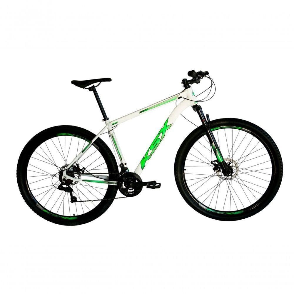 Bicicleta Aro 29 Ksx Sd7 21v Cabos Internos Alumínio Freios A Disco Garfo Suspensão Branco Verde Tamanho 15