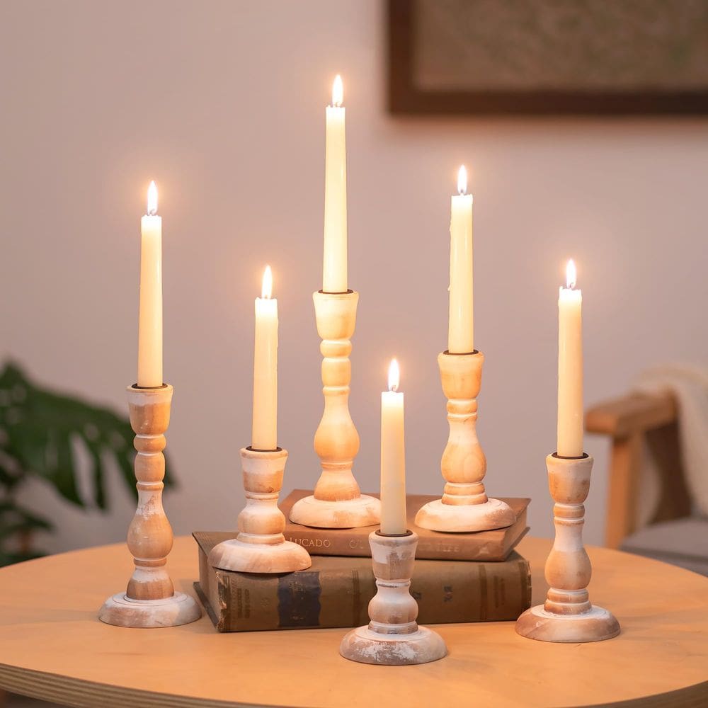 Castiçais NUPTIO Rustic Wood, conjunto de 6, brancos