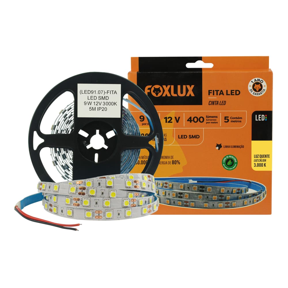 Fita Led Smd 9W 12V 3000K 5M Ip20 Foxlux