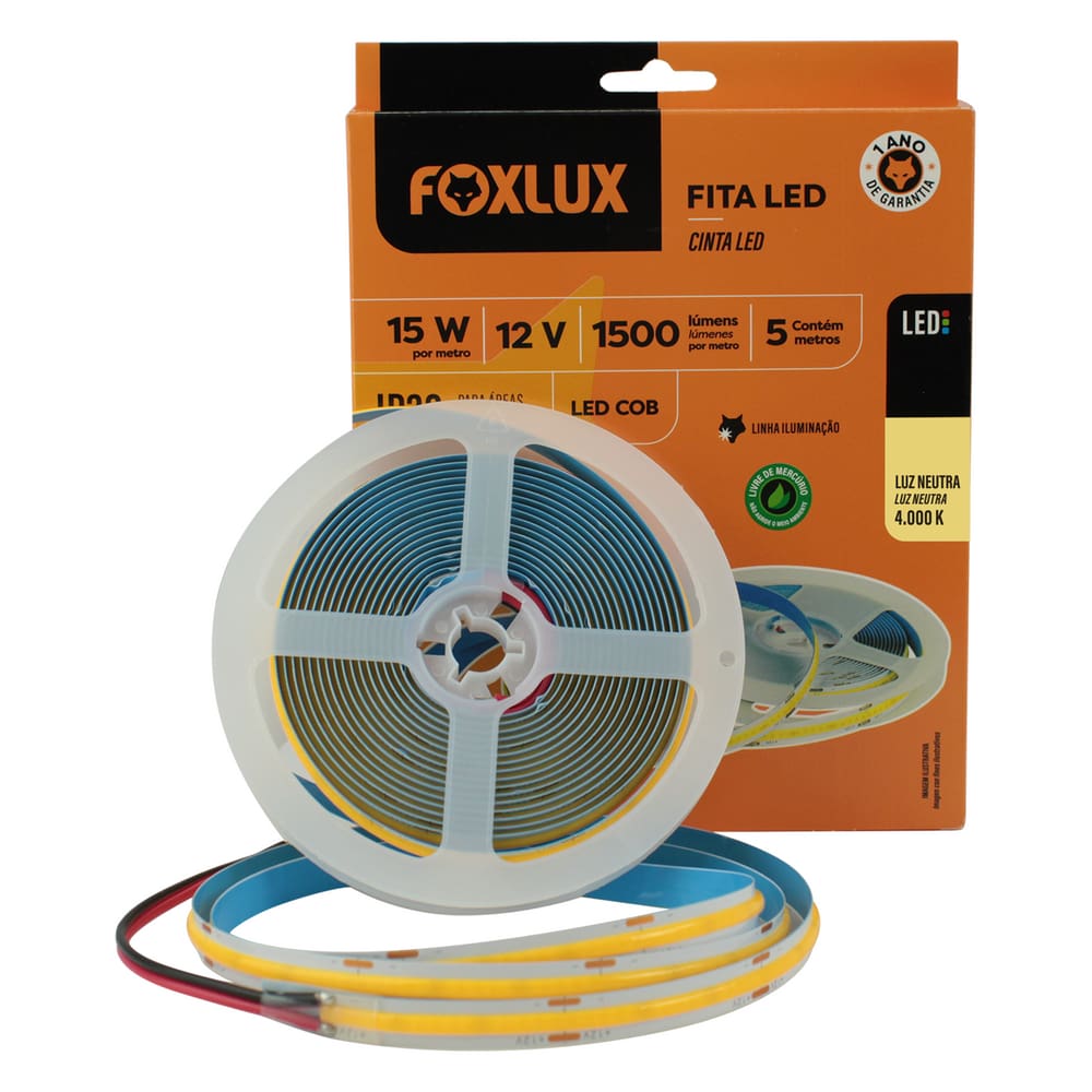 Fita LED COB 15W 12V 4000K 5?metros IP20 Foxlux