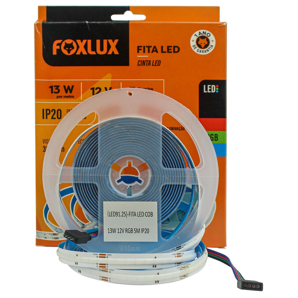 Fita LED COB RGB 13W 12V 5 Metros IP20 Foxlux