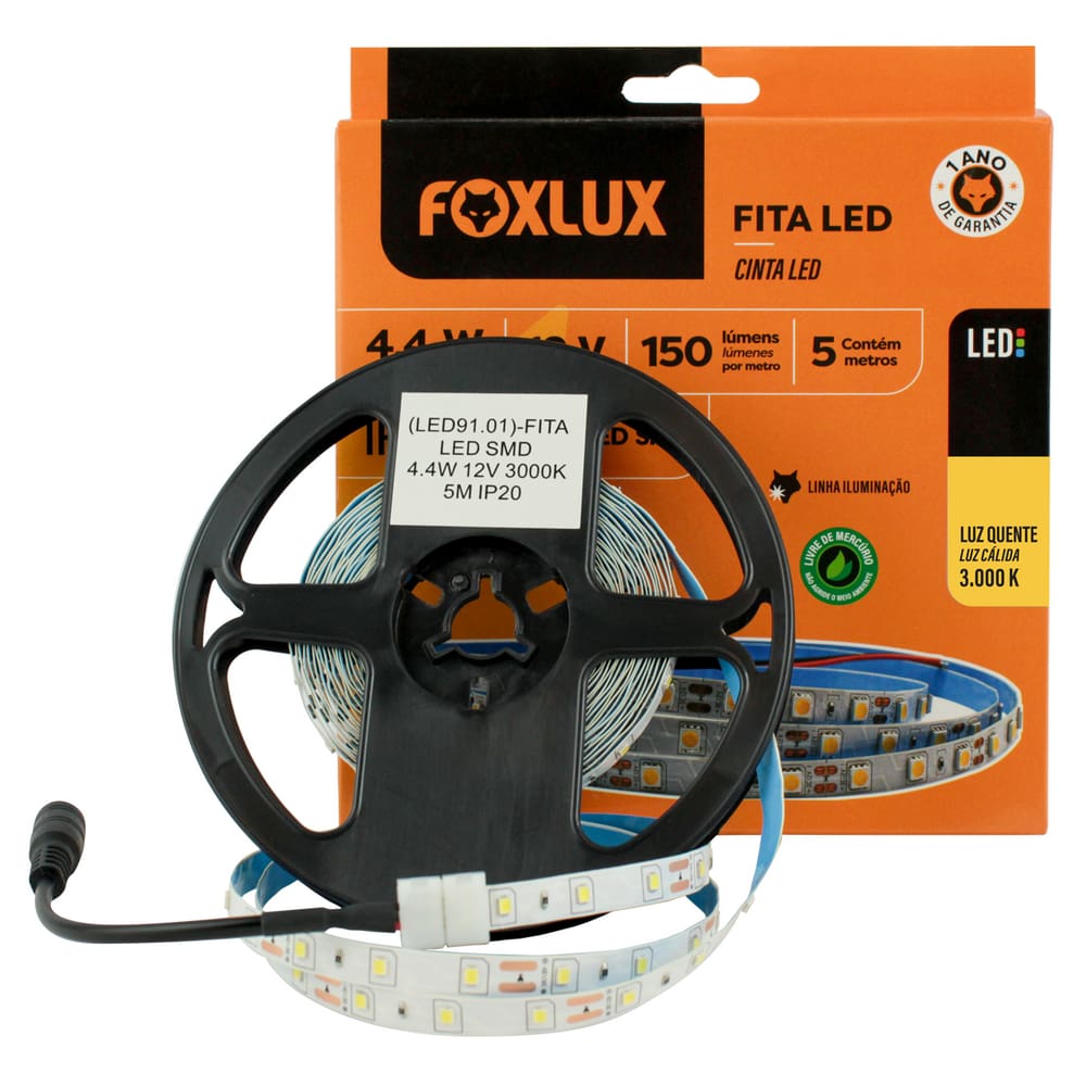 Fita LED SMD 4,4W 12V 3000K 5 Metros IP20 Foxlux