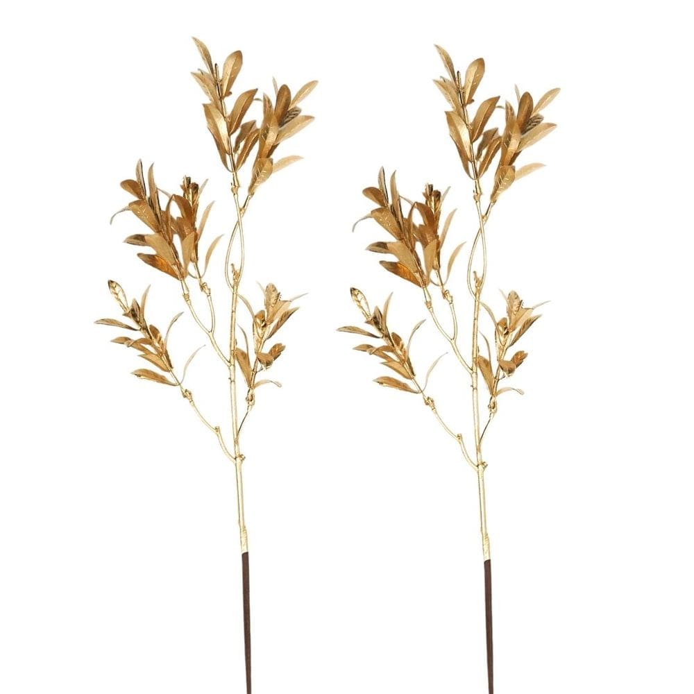 Kit 2 Galhos Decorativo Natalino Folhagens Douradas Metalizadas 55cm - Magizi