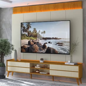 RRack com Painel para TV até 75 Polegadas com LED 4 Gavetas MDF Ripado com Pés em Madeira Magnífico Gelius