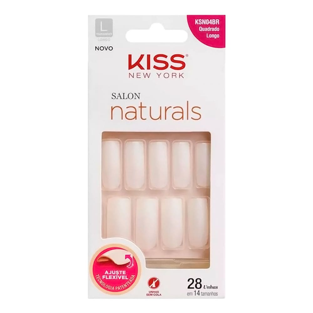Unhas Postiças Kiss New York Salon Naturals Tamanho Quadrado Longo KSNO4BR com 28 Unidades